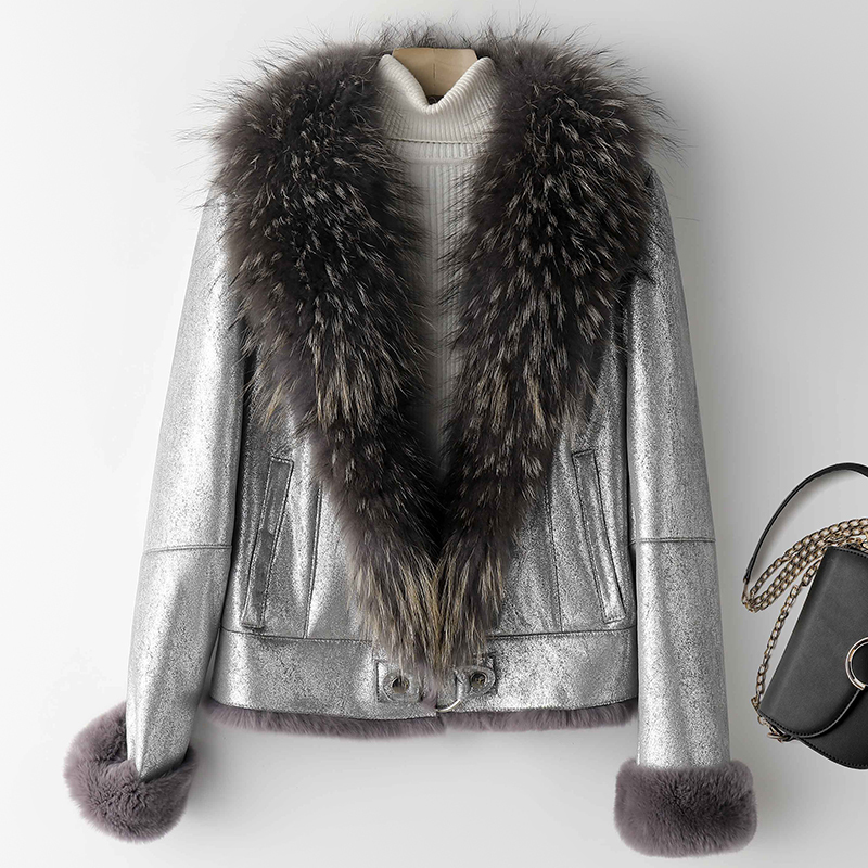 Pudi natural real rabbit fur coat jacket with raccoon fur collar waistcoat new winter female fur parka trench CT071 201016