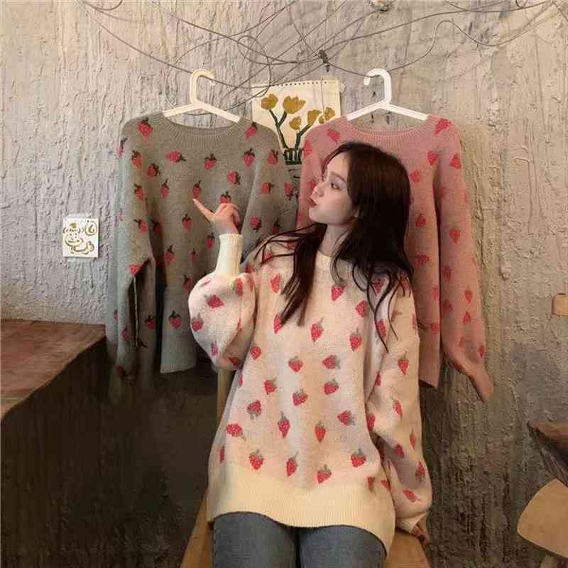 the autumn and winter knitted sweater coat korean loose round neck strawberry blouse women lazy style all match long sleeved, White;black
the autumn and winter knitted sweater coat korean loose round neck strawberry blouse women lazy style all match long sleeved, White;black
