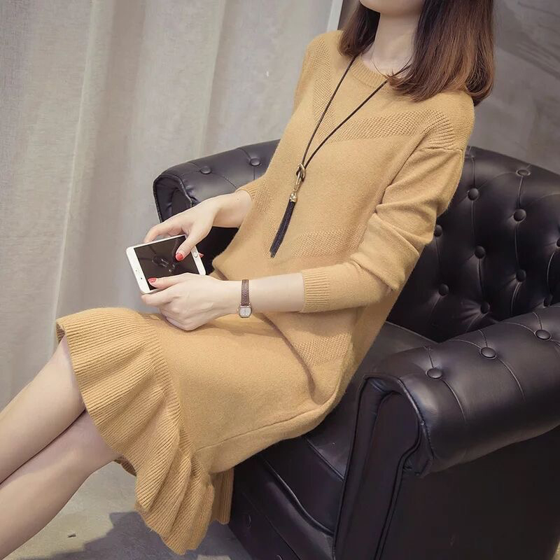 New Ruffle Loose Sweater Dress Autumn Winter Casual Long Sleeve Bodycon Dresses Ladies Plus Size Knitted Trumpet Dress 201110