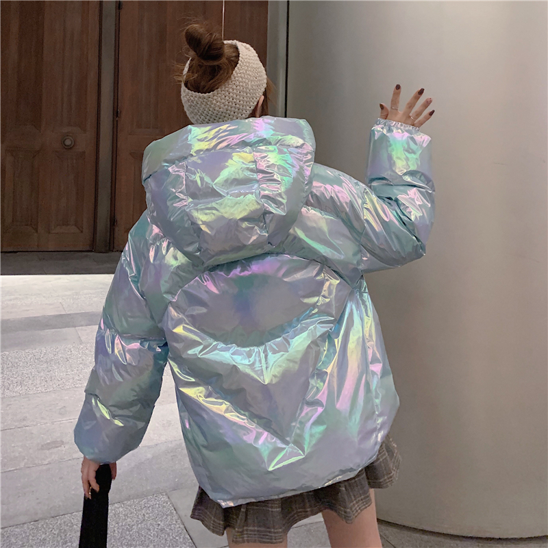 Harajuku Colorful Streetwear Glossy Winter Oversize Jacket Women Thick Padded Outwear Shiny Drawstring Jacket Cotton Parkas 200928