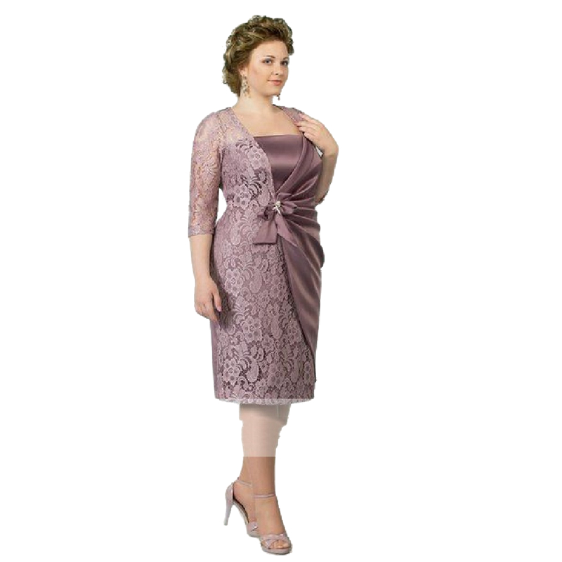 Elegant Straight Dusty Purple Mother Of The Bride Dresses Knee Length Lace Satin Guest Wedding Party Gowns Plus Size Short Groom Mothers Formal Evenin