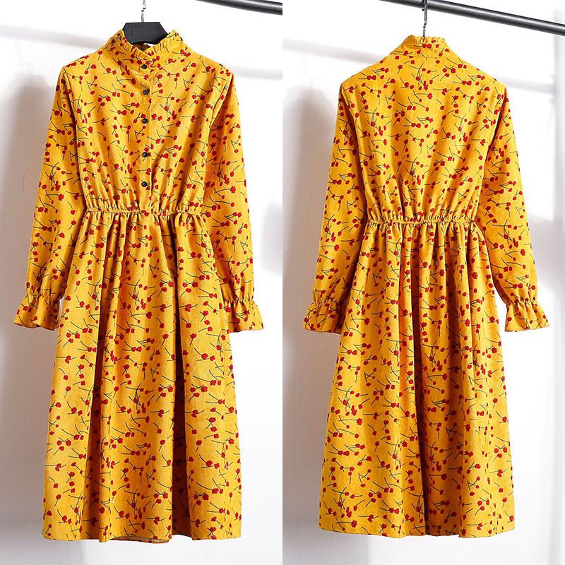 Autumn Dress Women Corduroy Plus Size Long Sleeve Cotton Dresses Floral Cherry Shirt Tunic Winter Harajuku Mori Party Dress 201125