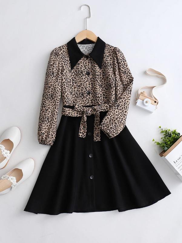 Girls Contrast Leopard Belted Dress SHE