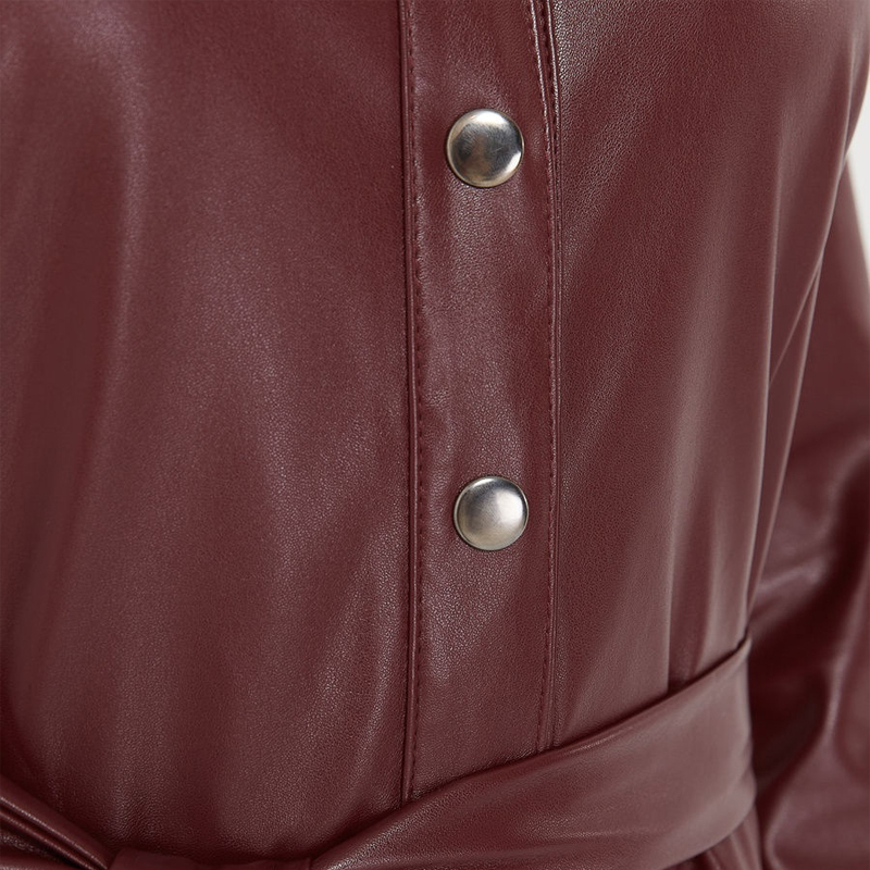 Winter Casual Sashes Pu Leather A-Line Dresses Women Turn-down Collar Long Sleeve Solid Color Knee Dress Office Lady Wear 201029