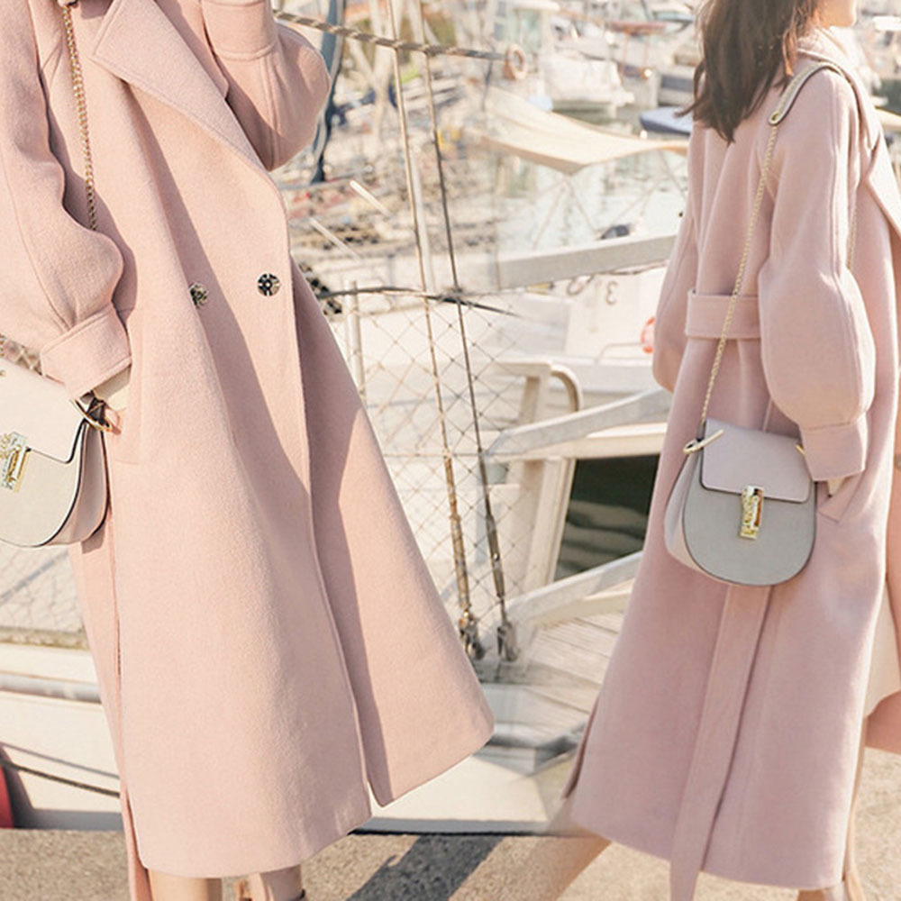 Wool Trench Coat Plus Velvet Female Fashion Pink Elegent Autumn Winter Women Casual Lantern Sleeve Long Slim High 201222