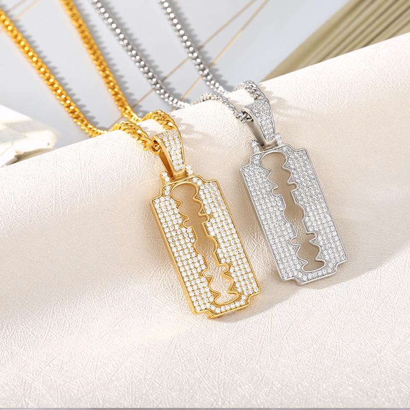 Cubic Zircon Men's Hip hop Jewelry Pave Rhinestone Razor Blade Pendant Necklace Gold Stainless Steel Rope Chain Necklaces
Cubic Zircon Men's Hip hop Jewelry Pave Rhinestone Razor Blade Pendant Necklace Gold Stainless Steel Rope Chain Necklaces