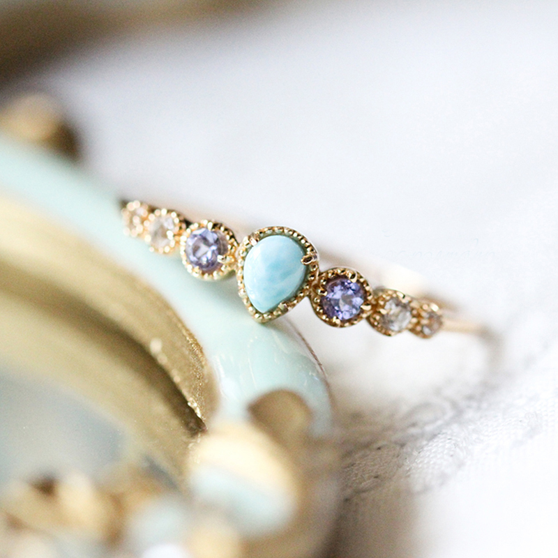 LAMOON 925 Sterling Silver Ring For Women Sea Pattern Larimar Tanzanite White Topaz Gemstone Gold Plated Fine Jewelry LMRI144 201112