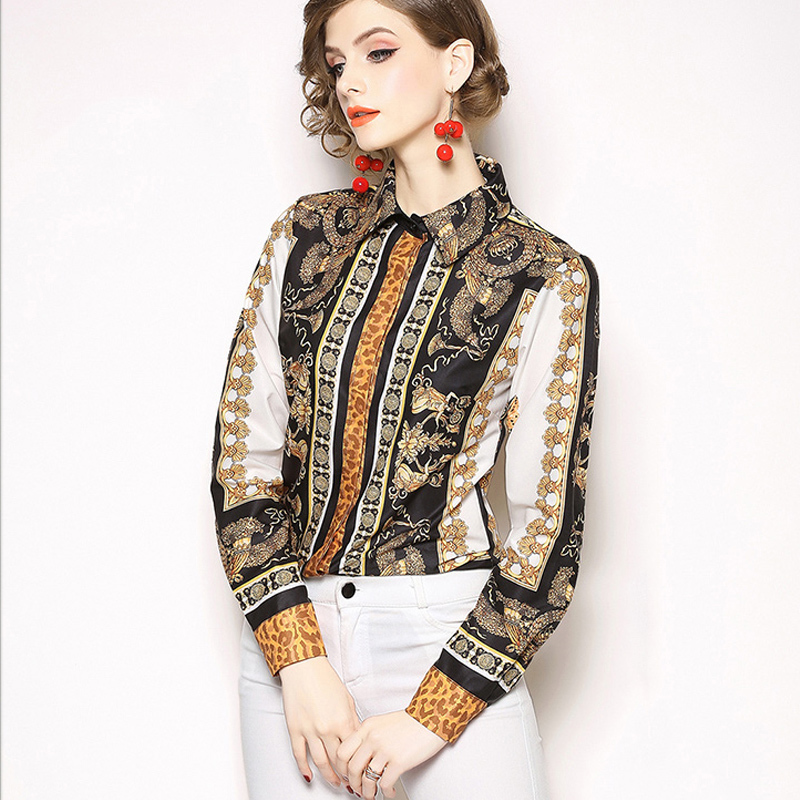 Women Blouses And Tops Summer Baroque Print Runway Long Sleeve Shirt Ladies Collar Elegant Vintage Office Shirts work wear 201126