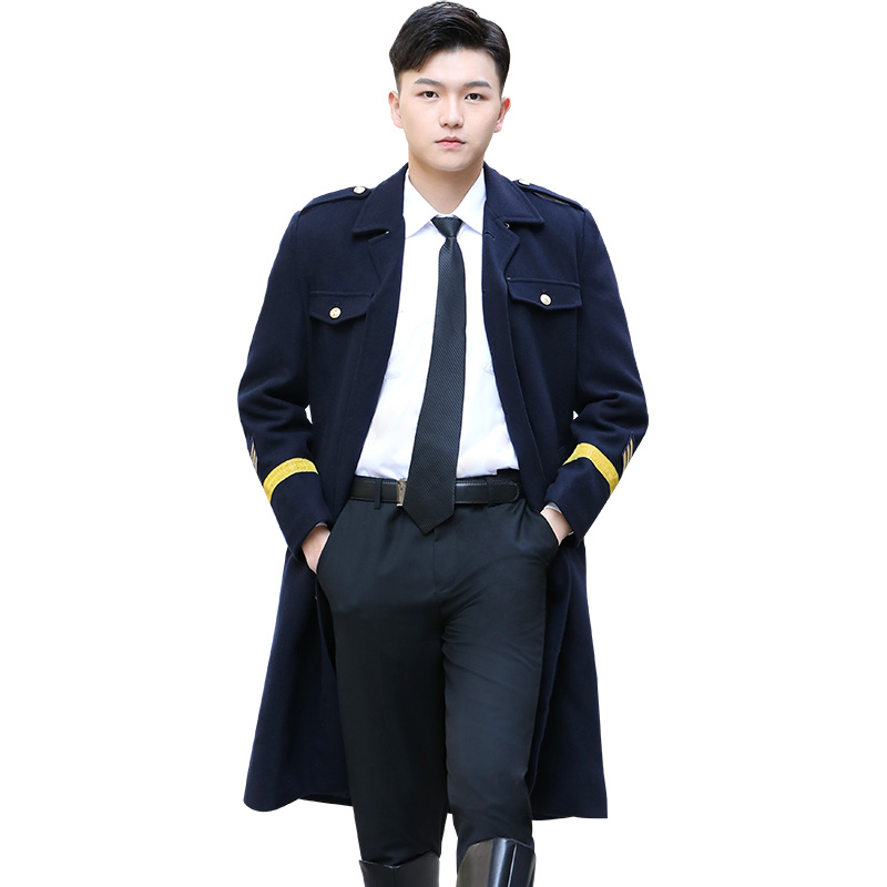 Men's Wool & Blends Airline captain woolen Overcoat male pilot thick property security winter clothing wool annual meeting performance Trench Coa