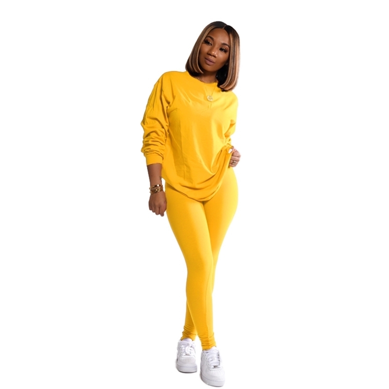 Autumn Women Tracksuit Solid-Color Long Sleeves Tops & Trousers Casual 2 Piece Set 201120