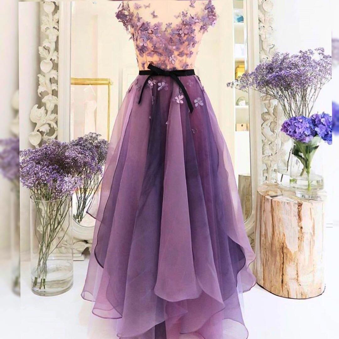 Romantic Purple Evening Dresses Custom Made Floral Applique Multilayer Prom Dresses Sleeveless Floor Length Party Gowns