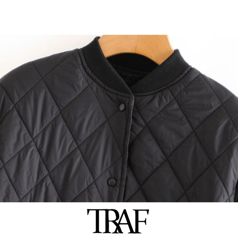 TRAF Women Fashion Argyle Loose Padded Jacket Coat Vintage Long Sleeve Side Pockets Female Outerwear Chic Tops 201017