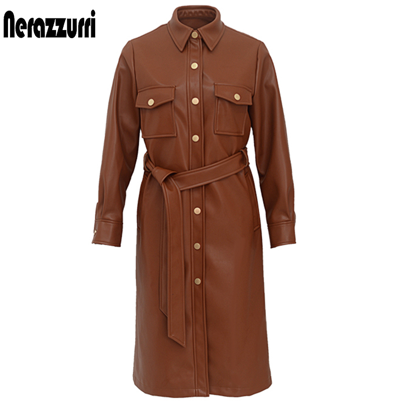 Nerazzurri Autumn brown leather coat women long sleeve belt buttons Plus size long leather shirt women 7xl Leather trench coat 201020