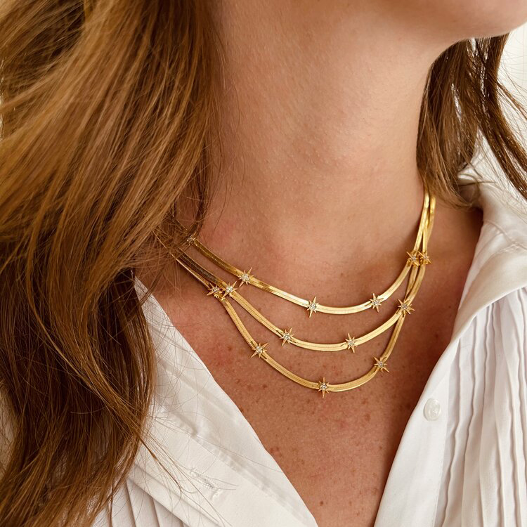 High Quality Gold Color European Women Collar Chains 5MM Width Herringbone Snake Chain CZ Star Starburst Charm Necklace
High Quality Gold Color European Women Collar Chains 5MM Width Herringbone Snake Chain CZ Star Starburst Charm Necklace