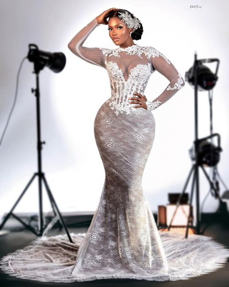 Long Sleeve Mermaid Wedding Dresses Full Applique abito da sposa Vintage Lace-up Corset African Aso Ebi Bridal Dress gown