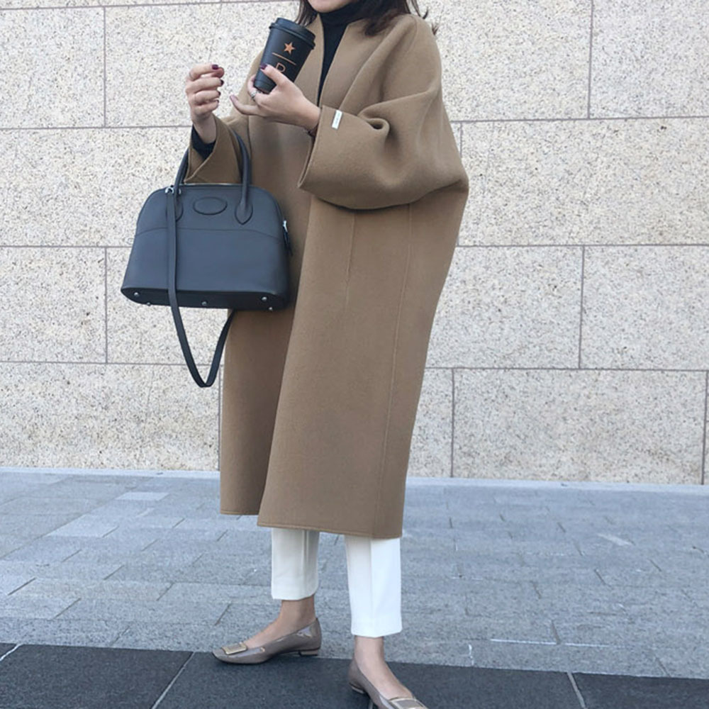 Women's Oversized Long Wool Blend Coat - Casual Elegant Overcoat, Khaki, Autumn Winter Streetwear