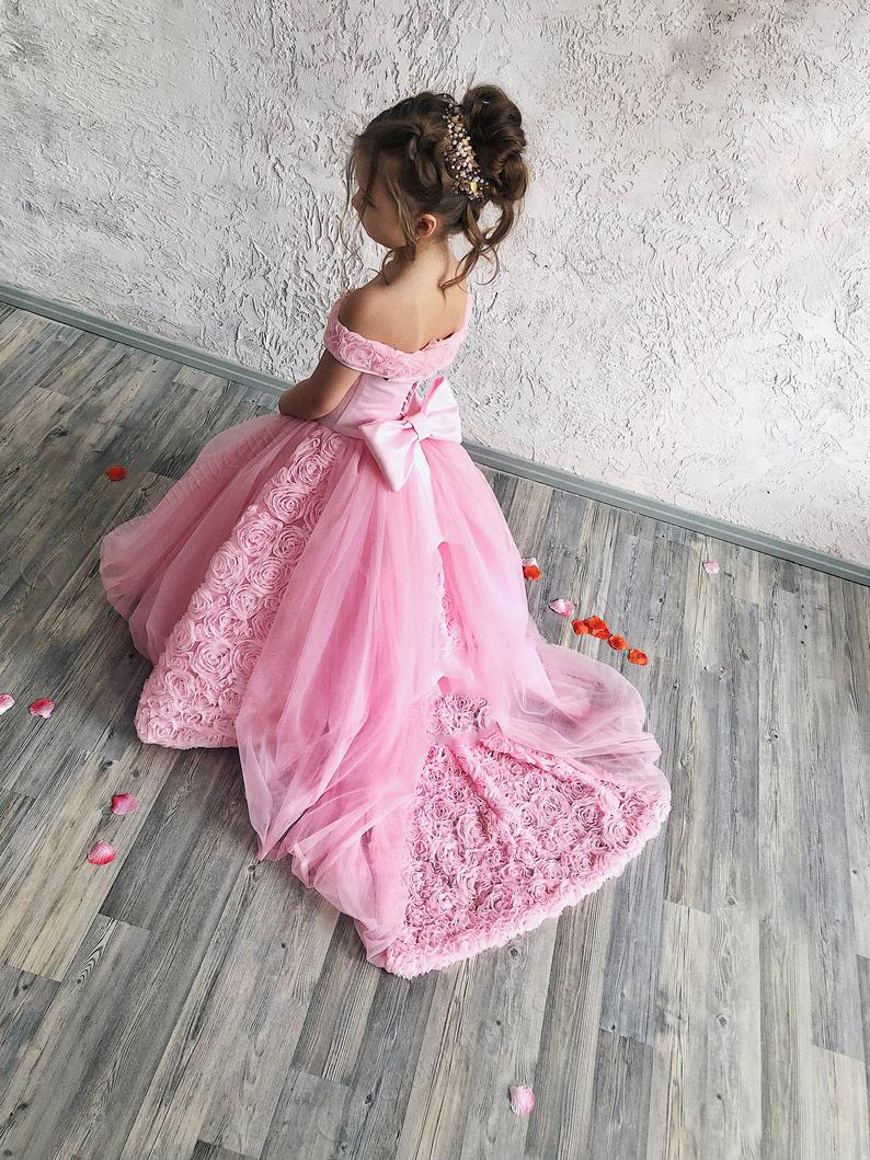pink off shoulder pageant dresses with bow sash 3d flowers sweep train girls birthday party gowns
