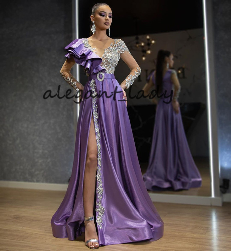 Modest Purple Crystal Mermaid Evening Dresses 2020 Sexy High Side Split Prom Gowns Full Sleeves Beaded Formal Dress Abendkleider