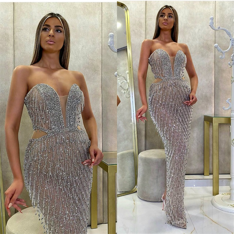 Glitter Sliver Prom Dresses Sweetheart Sequins Beads Tassel Evening Dress Custom Made Sweep Train Bling Sleeveless Mermaid Party Dress
