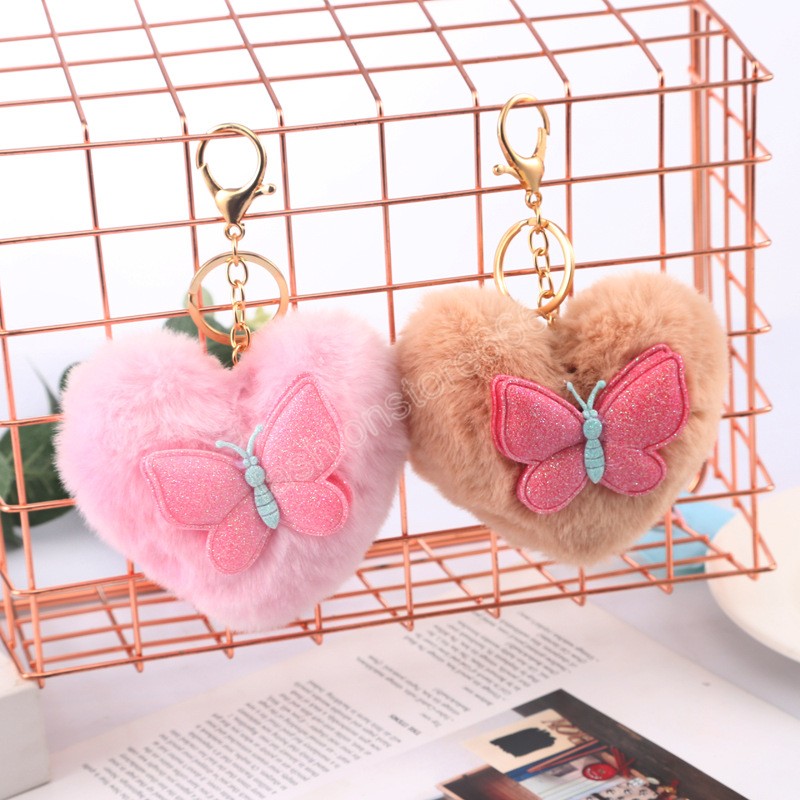 Heart Shape Hair Ball Key rings Plush Pompom Car Keychain for Women Bag Ornaments Cute Butterfly Key Chain Holder