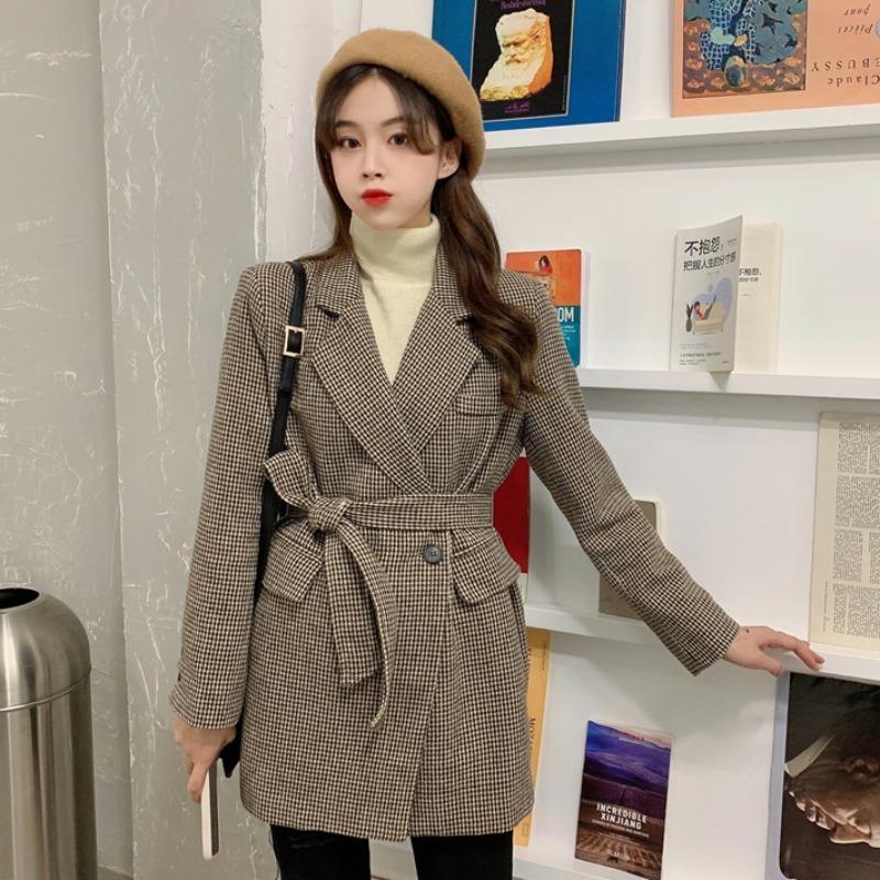 New Korean Retro Hong Kong Style Loose Thousand Bird Plaid Lace Up Long Sleeve Suit Coat, Beige
New Korean Retro Hong Kong Style Loose Thousand Bird Plaid Lace Up Long Sleeve Suit Coat, Beige