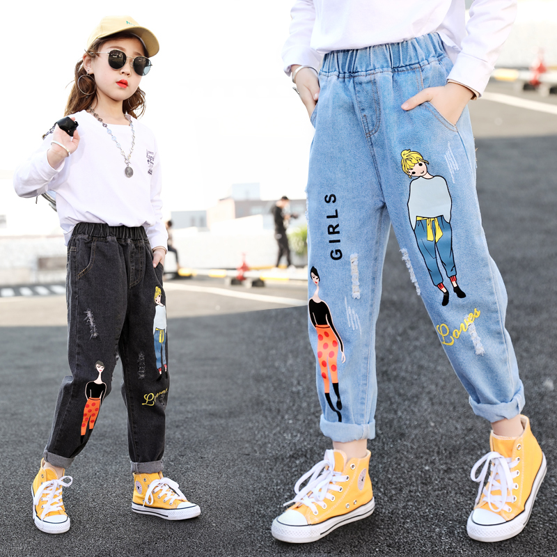 Fashion Cartoon Jeans for Girls Teenage Children Jeans Elastic Waist Denim Pants Kids Trousers for Girls Kids Clothes 4-13T LJ201127