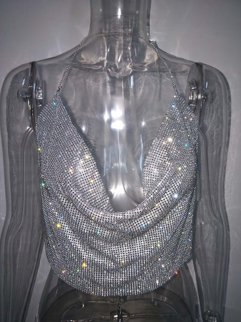 Bonnie Forest Seductive Crystal Diamonds Party Birthday Outfits Sexy Backless Glitter Rhinestone Two Piece Skirt Set Club Wear T200325