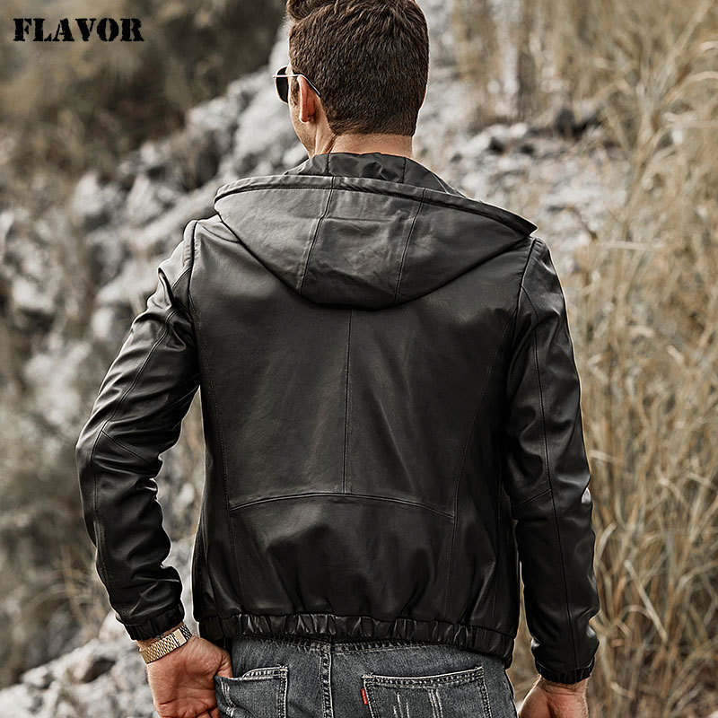 FLAVOR Men's Real Leather Jacket Hoodie Lambskin Genuine Nappa Leather Coat with Hood 201128