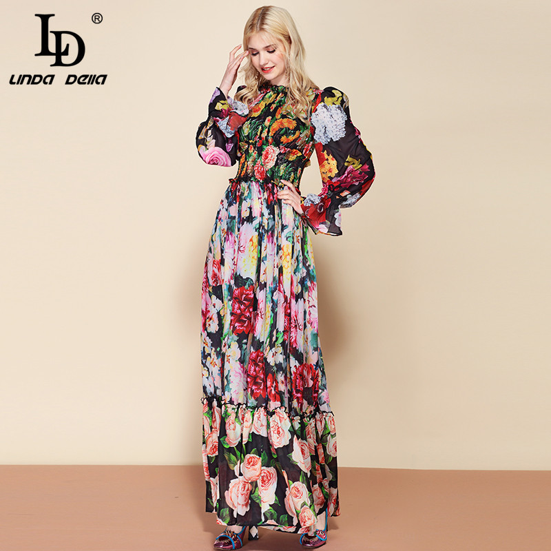 LD LINDA DELLA Fashion Runway Autumn Long Sleeve Maxi Dress Women's elastic Waist Floral Print Elegant Party Holiday Long Dress LJ200914