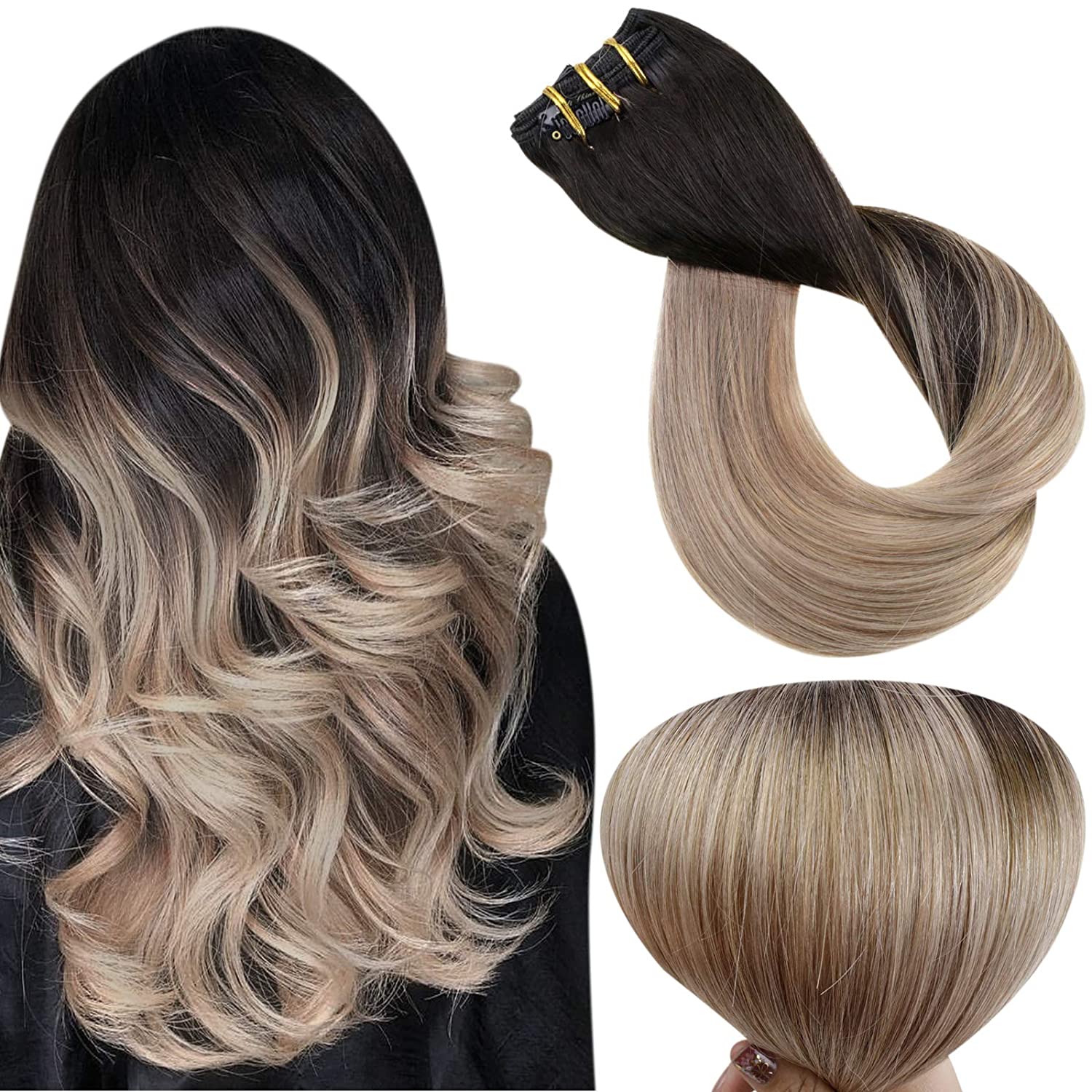 Highlights Clip in Human Hair Extensions Balayage color #1b natural black fading to #18 Ash Blonde Ombre Clips on Extension 120g/8pcs
Highlights Clip in Human Hair Extensions Balayage color #1b natural black fading to #18 Ash Blonde Ombre Clips on Extension 120g/8pcs