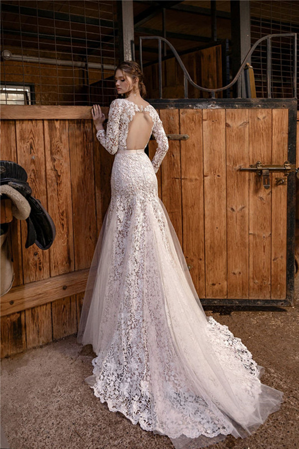vintage crochet lace mermaid wedding dresses with long sleeve 2021 lace floral vneck open back fishtail bride dress robes