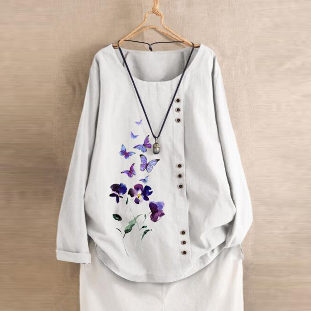 JAYCOSIN 5XL T Shirt Women Long Sleeve Cotton Linen Ladies Tops Kaftan Baggy O-Neck Botton Casual vintage tee shirt femme blusas 201028