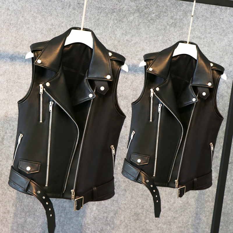Lautaro Short black spring faux leather vest women zipper Plus size sleeveless biker jacket Leather waistcoat gilet 5xl 6xl 7xl 201028
