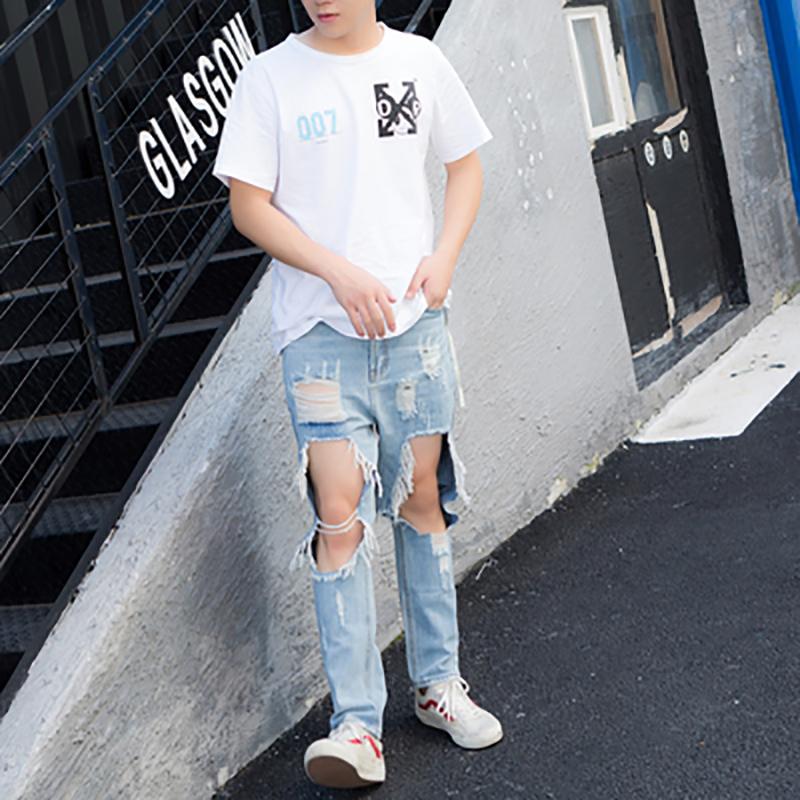 Influx male summer super big hole leaking knee nine 9 points jeans men and women couple models Korean version of thin pants, Blue
Influx male summer super big hole leaking knee nine 9 points jeans men and women couple models Korean version of thin pants, Blue