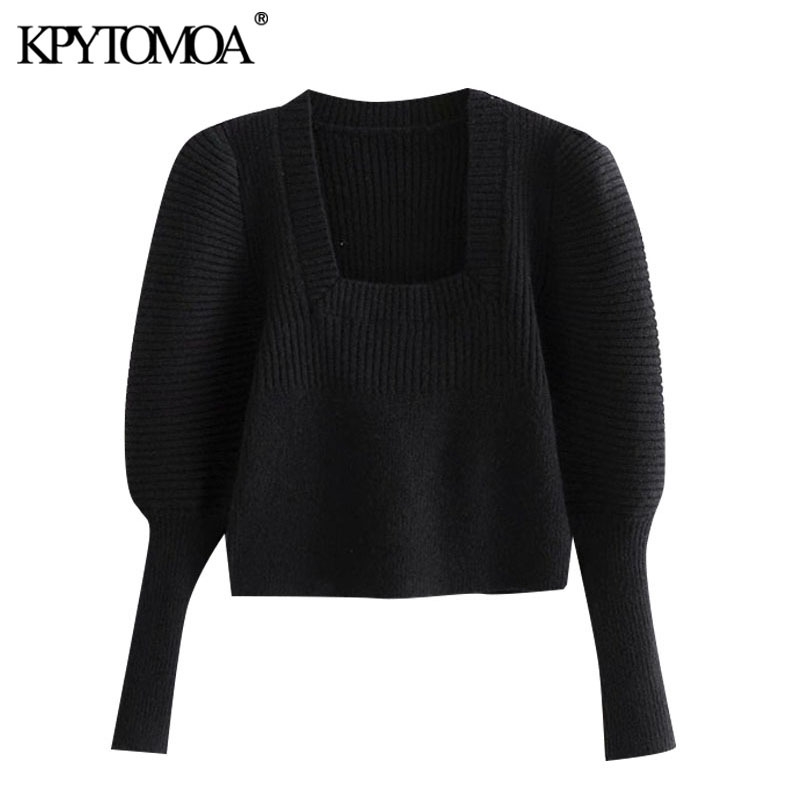 KPYTOMOA Women Fashion Puff Sleeve Cropped Knitted Sweater Vintage Square Collar Stretch Slim Female Pullovers Chic Tops 201203, As picture
KPYTOMOA Women Fashion Puff Sleeve Cropped Knitted Sweater Vintage Square Collar Stretch Slim Female Pullovers Chic Tops 201203, As picture