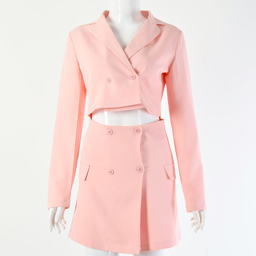 BOOFEENAA Pink Long Sleeve Blazer Skirt Two Piece Set Women Outfit Office Dress Suits Work Wear Sexy Matching Sets C92-AE83 T200325
