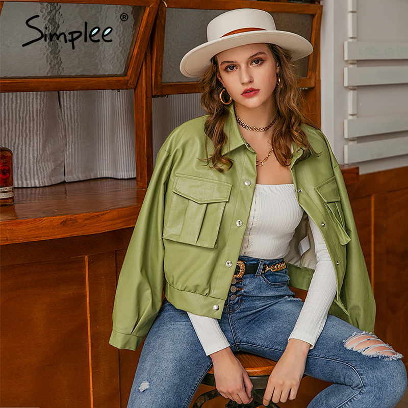 Simplee Casual faux leather jacket women Fashion green motorcycle pocket female leather coat High street short ladies jackets 201023