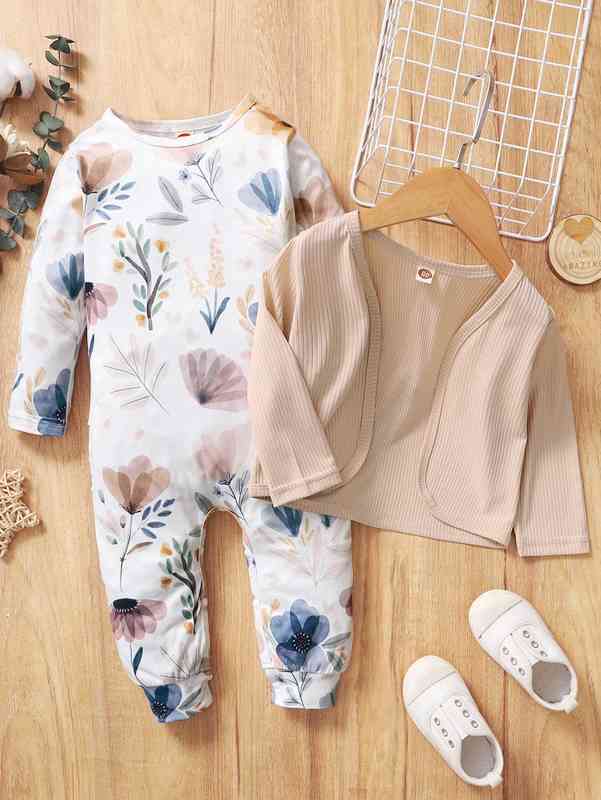 Baby Floral Print Jumpsuit & Open Front Jacket SHE