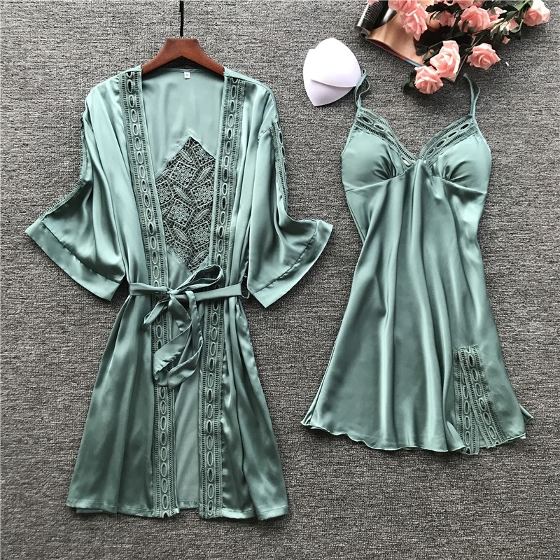 Sleep Lounge Pijamas Bathrobe Women Robe Gown Long Sleeve Ladies Nightwear Sets Sexy Lace Night Dress With Chest Pads 210203
