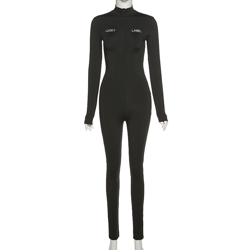 Casual Sporty Letter Printed Rompers Womens Jumpsuit Long Sleeve Workout Zipper Fitness Bodycon Jumpsuits Lucky Label