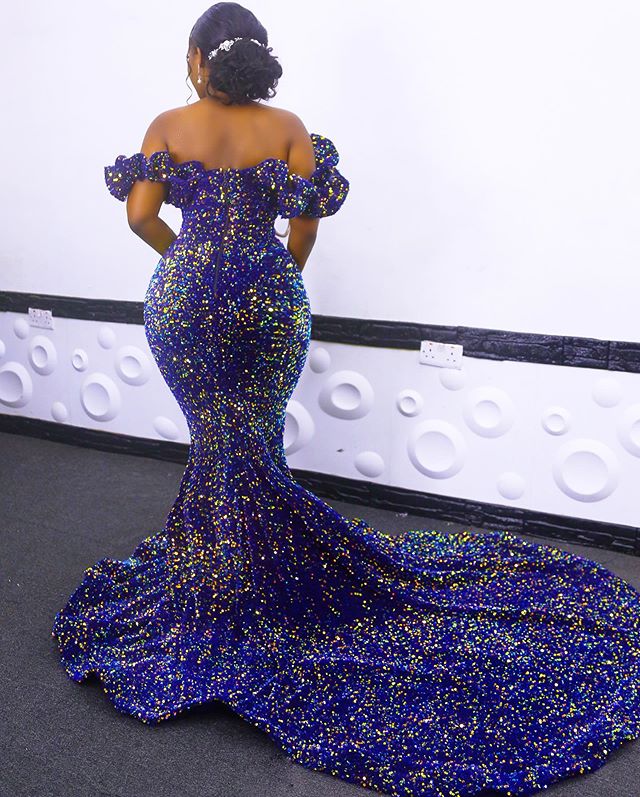 African Sequined Evening Dresses Plus Size Off Shoulder Mermaid Prom Gowns Red Carpet Robe De Soiree