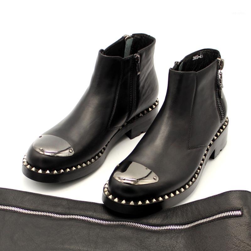 European style fashion men's ankle boots round toe rivets shoes black color metal decoration cool motocycle boots for men EU451, As shown
European style fashion men's ankle boots round toe rivets shoes black color metal decoration cool motocycle boots for men EU451, As shown