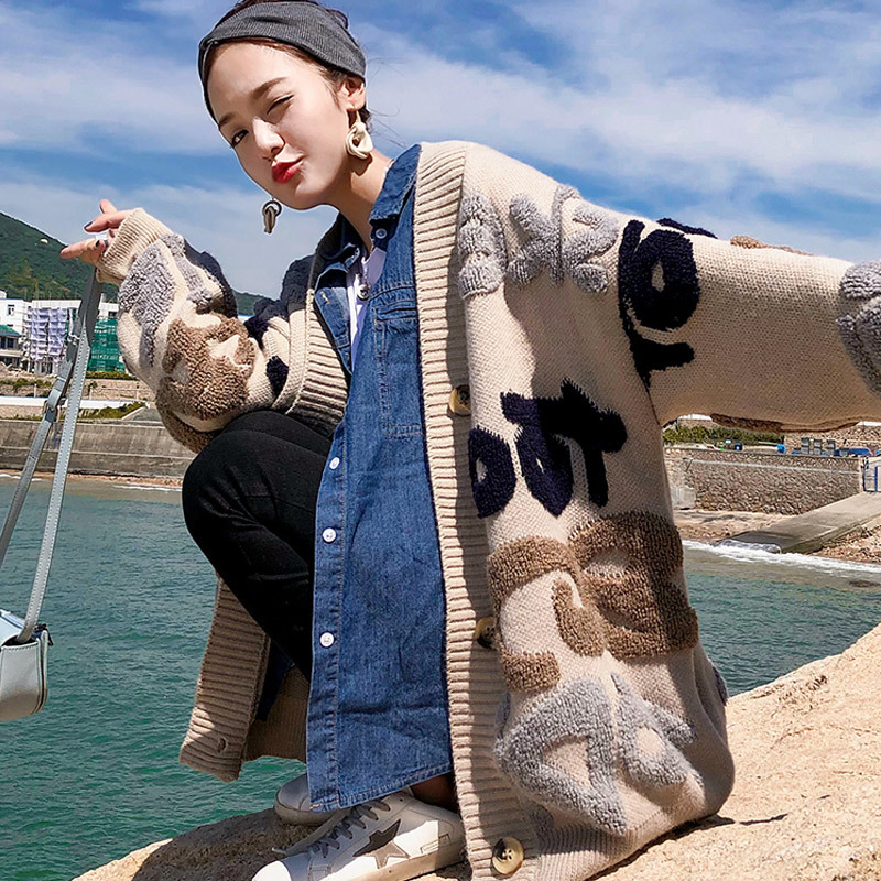 Spring and Autumn Loose Knitting Sweater Women Letter Pattern Casual Cardigans Ladies Thicker Long Sleeve 201222