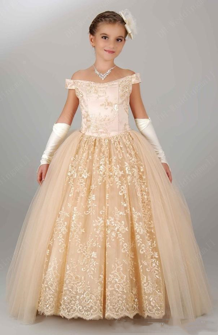 Elegant Light Champagne Long Flower Girls Dresses For Wedding Party Off The Shoulder Lace Appliques Princess Prom Pageant Gowns Toddler Kids Communion