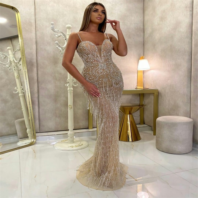 New Arrival Evening Dresses Bling Sequins Beads Lace Mermaid Prom Dresses Sexy Spaghetti Strap Custom Made Sweep Train Formal Party Gown