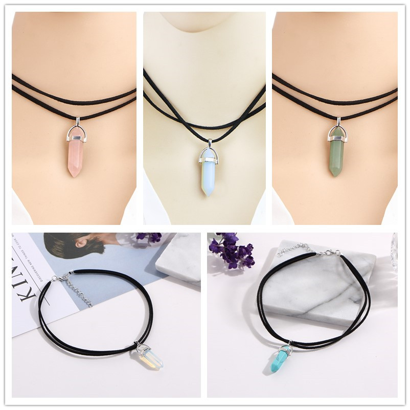 Natural Crystal Chakra Pendulum Pendant Necklaces For Women Rose Quartz opal Hexagonal Stone Leather Choker Chain Statement Necklace