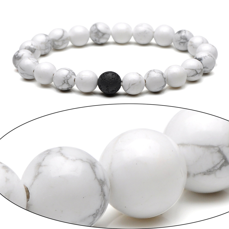 2pcs Natural Stone Beaded Strands Bracelet Set Black Lava White Turquoise Rock Chakra Bracelets Couple Distance Bracelets for Women Hand Chain Nice Gi