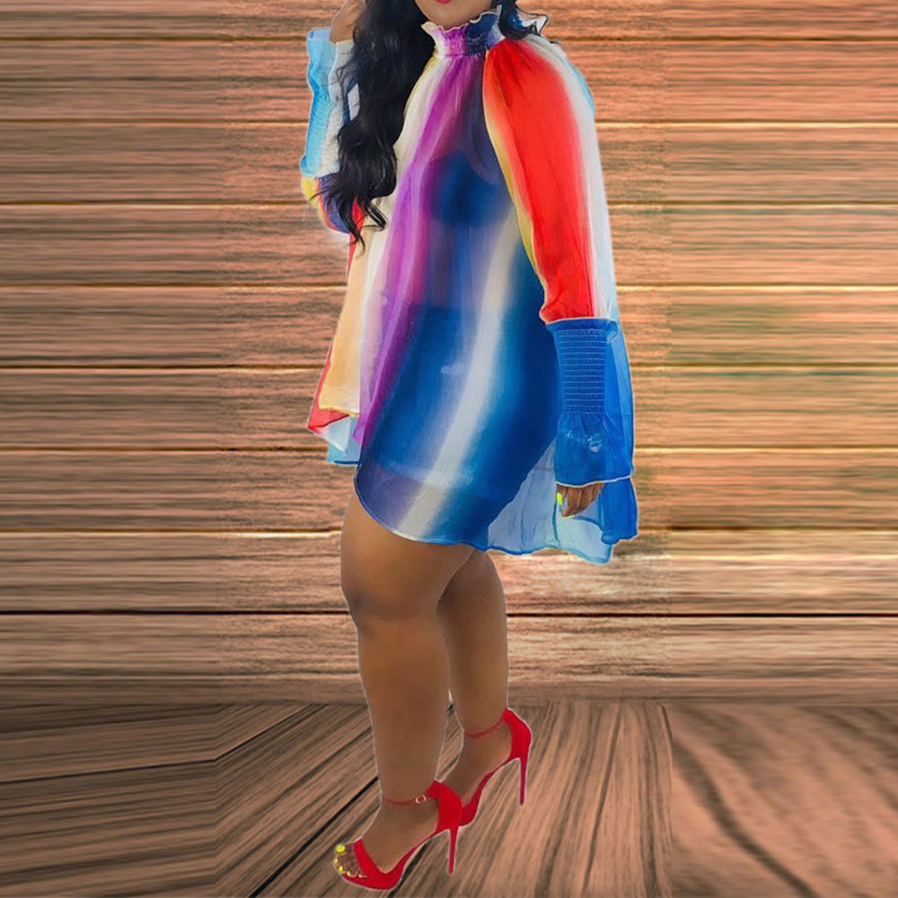 Casual Color Block Off Shoulder Long Sleeve Plus Size Dress Asymmetrical Oversize Summer Mini Dresses Short Striped Loose Robe LJ201202