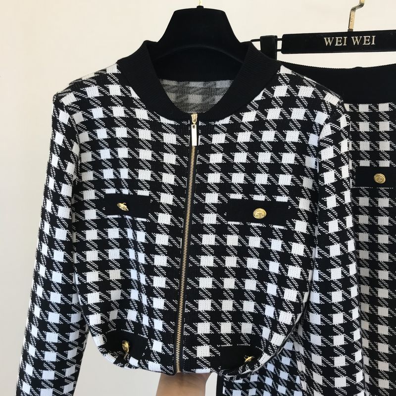 Amolapha Women Vintage Button Plover Plaid Ziipper Knitted Cardigans+Lante Pants 2PCS Set Tracksuits T201031