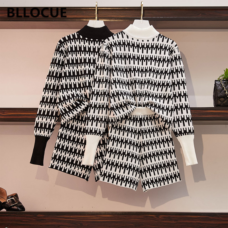 BLLOCUE Autumn European Style Women Long Sleeve Pullover Shorts 2pcs Sets Female Vintage Pattern Jacquard Knitting Suits 201119